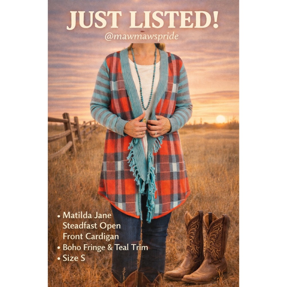 Matilda‎ Jane Steadfast Open Front Cardigan Boho Fringe Trim Teal Stripe S 321